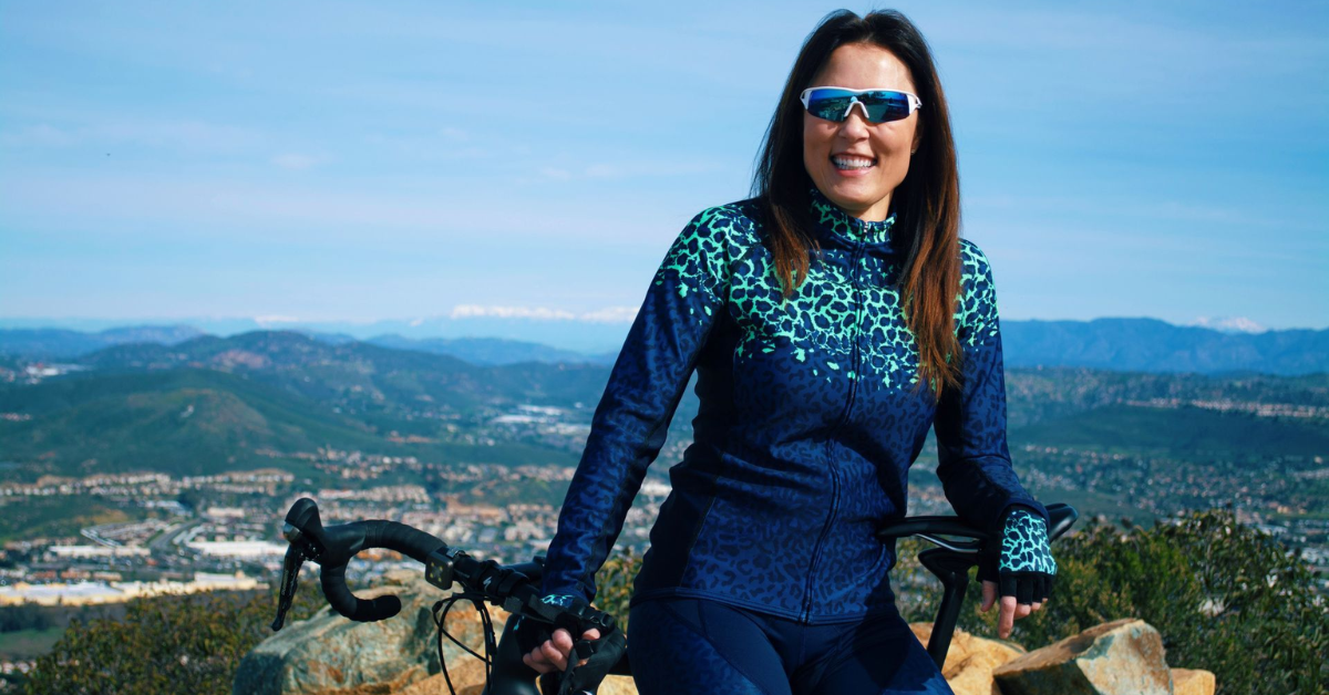Image of a woman wearing mountain biking apparel.